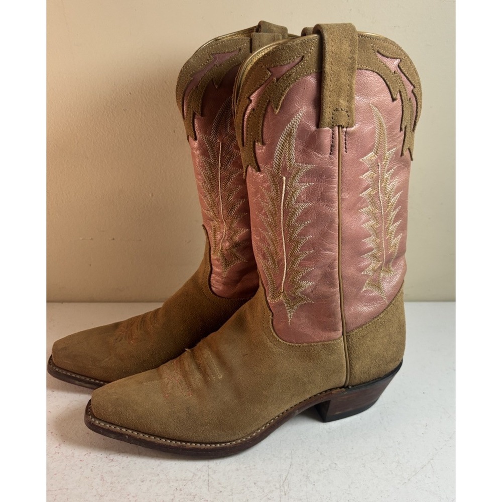 Tony Lama Roughout Boots Womens Size 7 1/2 B Pink Brown Western Square Toe USA